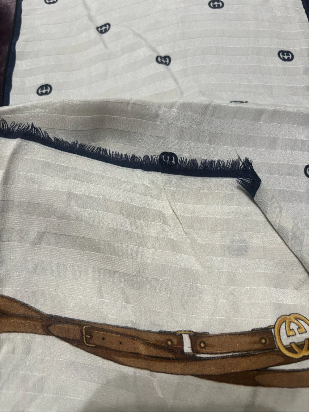 Gucci Ivory Scarf with Brown Belt Print and Navy Trim